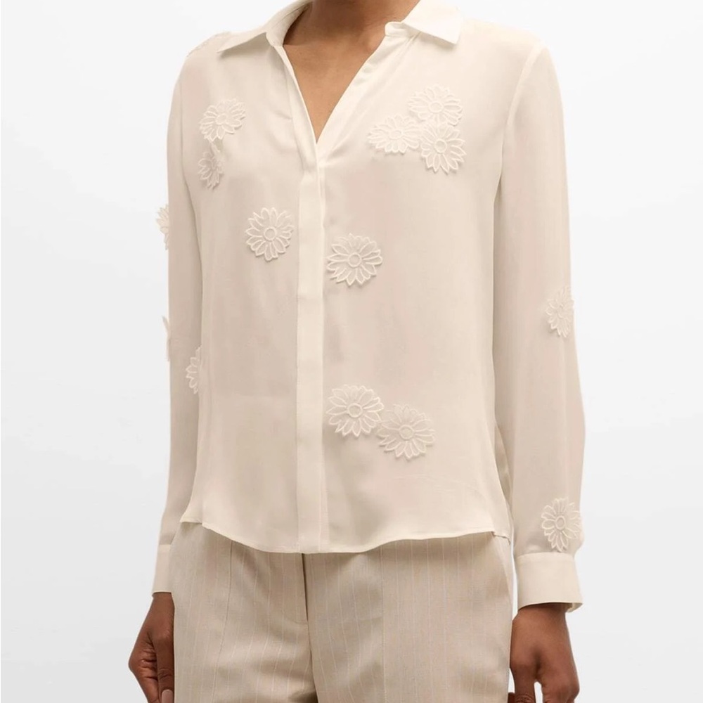 Elie Tahari Beige cream Floral Embellished Silk Blouse